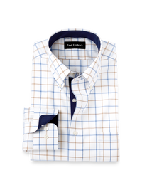 Non-Iron Cotton Check Dress Shirt With Contrast Trim - Blue/tan