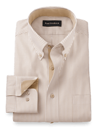 Comfort Stretch Non-Iron Stripe Dress Shirt With Contrast Trim - Light Tan