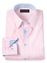 Comfort Stretch Non-Iron Stripe Dress Shirt With Contrast Trim - Pink