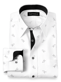 Non-Iron Cotton Houndstooth Print Dress Shirt With Contrast Trim - White