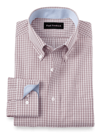 Non-Iron Cotton Plaid Dress Shirt With Contrast Trim - Burgundy