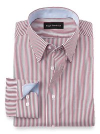 Non-Iron Cotton Stripe Dress Shirt With Contrast Trim - Burgundy