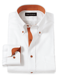 Comfort Stretch Non-Iron Solid Dress Shirt With Contrast Trim - White/rust