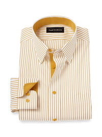 Comfort Stretch Non-Iron Stripe Dress Shirt With Contrast Trim - White/gold
