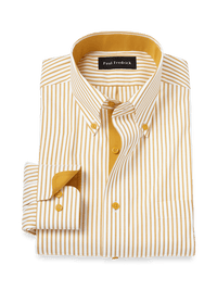Comfort Stretch Non-Iron Stripe Dress Shirt With Contrast Trim - White/gold