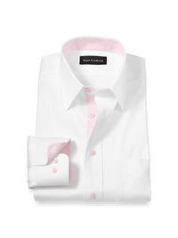 Comfort Stretch Non-Iron Solid Dress Shirt With Contrast Trim - White/pink