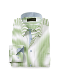 Comfort Stretch Non-Iron Stripe Dress Shirt With Contrast Trim - Green