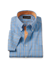 Comfort Stretch Non-Iron Check Dress Shirt With Contrast Trim - Blue/melon