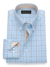 Non-Iron Cotton Pinpoint Glen Plaid Dress Shirt With Contrast Trim - Blue/tan