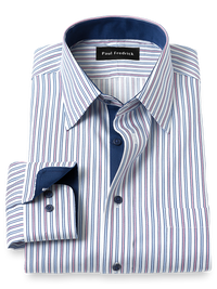 Non-Iron Cotton Stripe Dress Shirt With Contrast Trim - Blue/pink