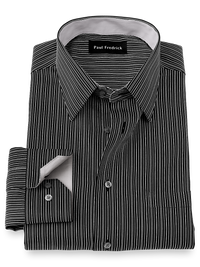 Non-Iron Cotton Fineline Stripe Dress Shirt With Contrast Trim - Black/white