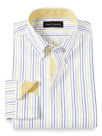 Non-Iron Cotton Stripe Dress Shirt With Contrast Trim - Blue/yellow