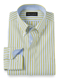 Non-Iron Cotton Stripe Dress Shirt With Contrast Trim - Blue/yellow
