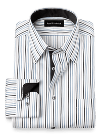 Non-Iron Cotton Stripe Dress Shirt With Contrast Trim - Black/teal