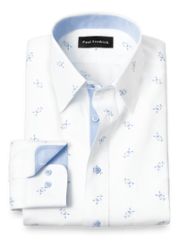 Non-Iron Cotton Houndstooth Print Dress Shirt With Contrast Trim - White