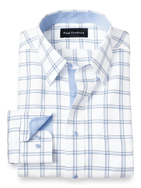 Non-Iron Cotton Windowpane Dress Shirt With Contrast Trim - Blue