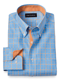 Non-Iron Cotton Check Dress Shirt With Contrast Trim - Blue/melon