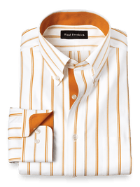 Non-Iron Cotton Stripe Dress Shirt With Contrast Trim - Melon/tan
