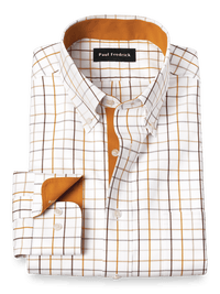 Non-Iron Cotton Check Dress Shirt With Contrast Trim - Melon/tan