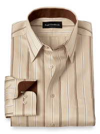 Non-Iron Cotton Stripe Dress Shirt With Contrast Trim - Tan