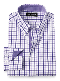 Non-Iron Cotton Check Dress Shirt With Contrast Trim - Purple