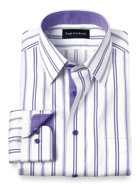 Non-Iron Cotton Stripe Dress Shirt With Contrast Trim - Purple