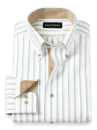 Non-Iron Cotton Stripe Dress Shirt With Contrast Trim - Green/tan