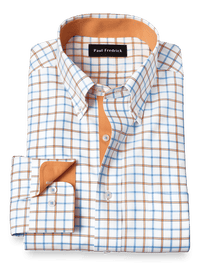 Non-Iron Cotton Windowpane Dress Shirt With Contrast Trim - Blue/melon