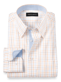 Non-Iron Cotton Tattersall Dress Shirt With Contrast Trim - Blue/melon