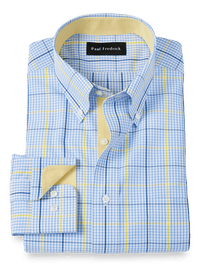 Non-Iron Cotton Plaid Dress Shirt With Contrast Trim - Blue/yellow