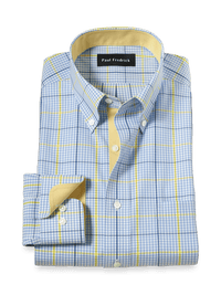 Comfort Stretch Non-Iron Plaid Dress Shirt With Contrast Trim - Blue/yellow