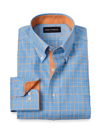 Comfort Stretch Non-Iron Check Dress Shirt With Contrast Trim - Blue/melon
