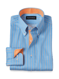 Comfort Stretch Non-Iron Stripe Dress Shirt With Contrast Trim - Blue/melon