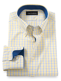 Non-Iron Cotton Check Dress Shirt With Contrast Trim - Yellow/cobalt