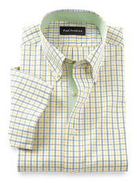 Non-Iron Cotton Check Dress Shirt With Contrast Trim - Yellow/cobalt