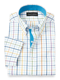 Comfort Stretch Non-Iron Tattersall Dress Shirt With Contrast Trim - Multi