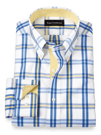 Non-Iron Cotton Windowpane Dress Shirt With Contrast Trim - Blue/yellow
