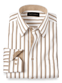 Non-Iron Cotton Stripe Dress Shirt With Contrast Trim - Tan