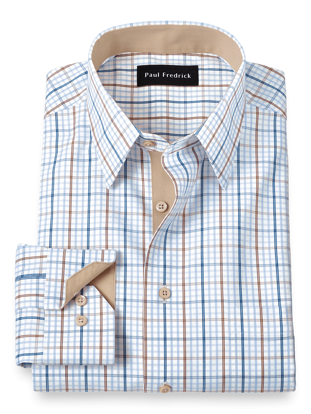 Product Image of Non-iron Cotton Tattersall Dress Shirt With Contrast Trim-Blue/Brown