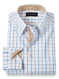 Non-Iron Cotton Tattersall Dress Shirt With Contrast Trim - Blue/brown