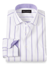 Non-Iron Cotton Stripe Dress Shirt With Contrast Trim - Purple