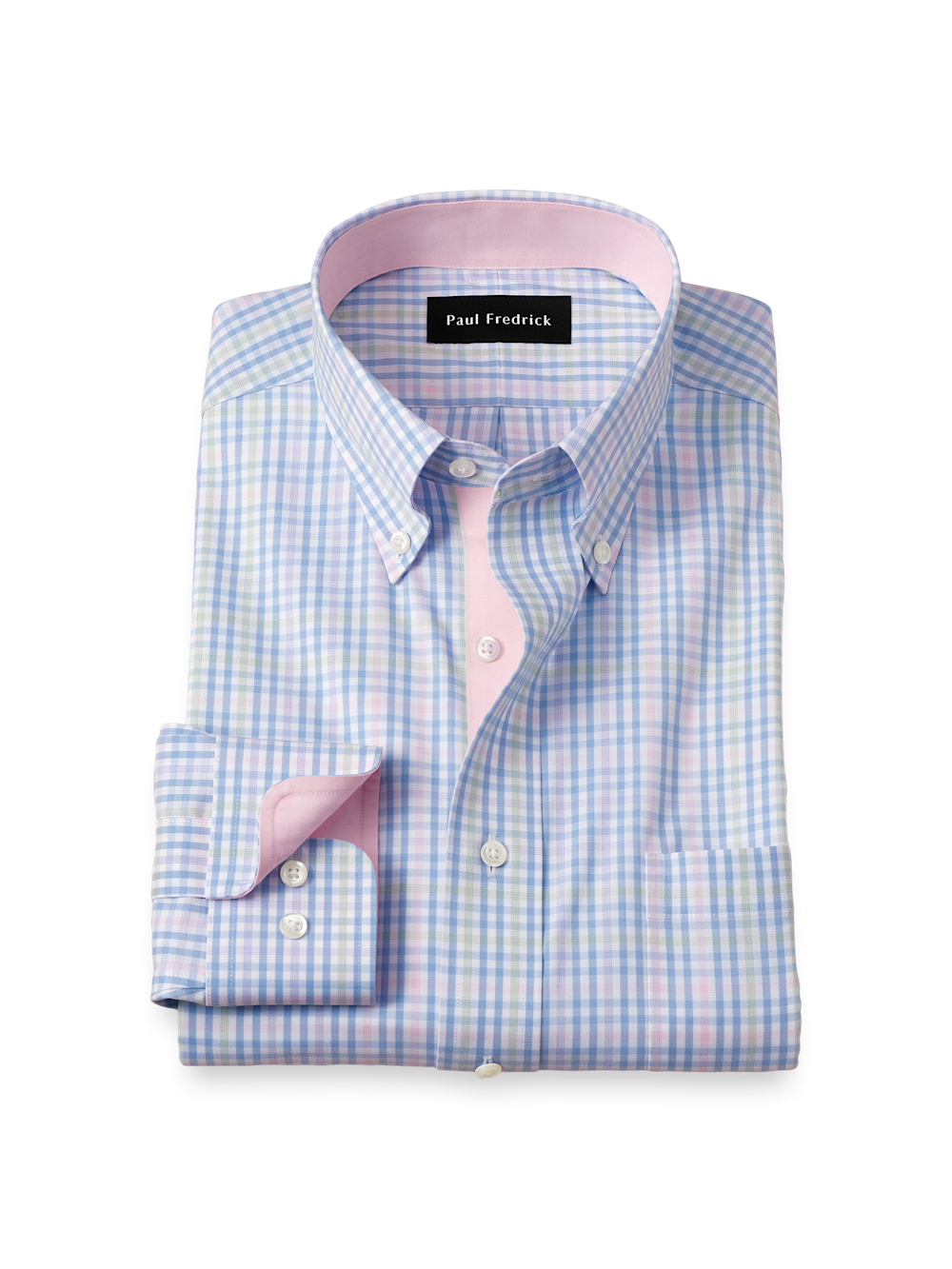 Product Image of Comfort Stretch Non-iron Tattersall Dress Shirt With Contrast Trim-Blue/Pink