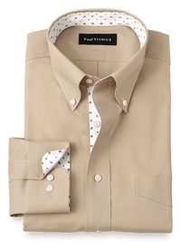 Non-Iron Cotton Solid Dress Shirt With Contrast Trim - Tan