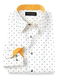 Non-Iron Cotton Mini Diamond Print Dress Shirt With Contrast Trim - White Multi