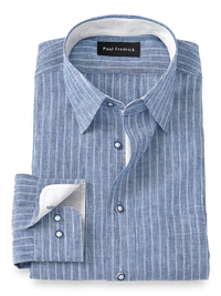 Linen Stripe Dress Shirt With Contrast Trim - Blue