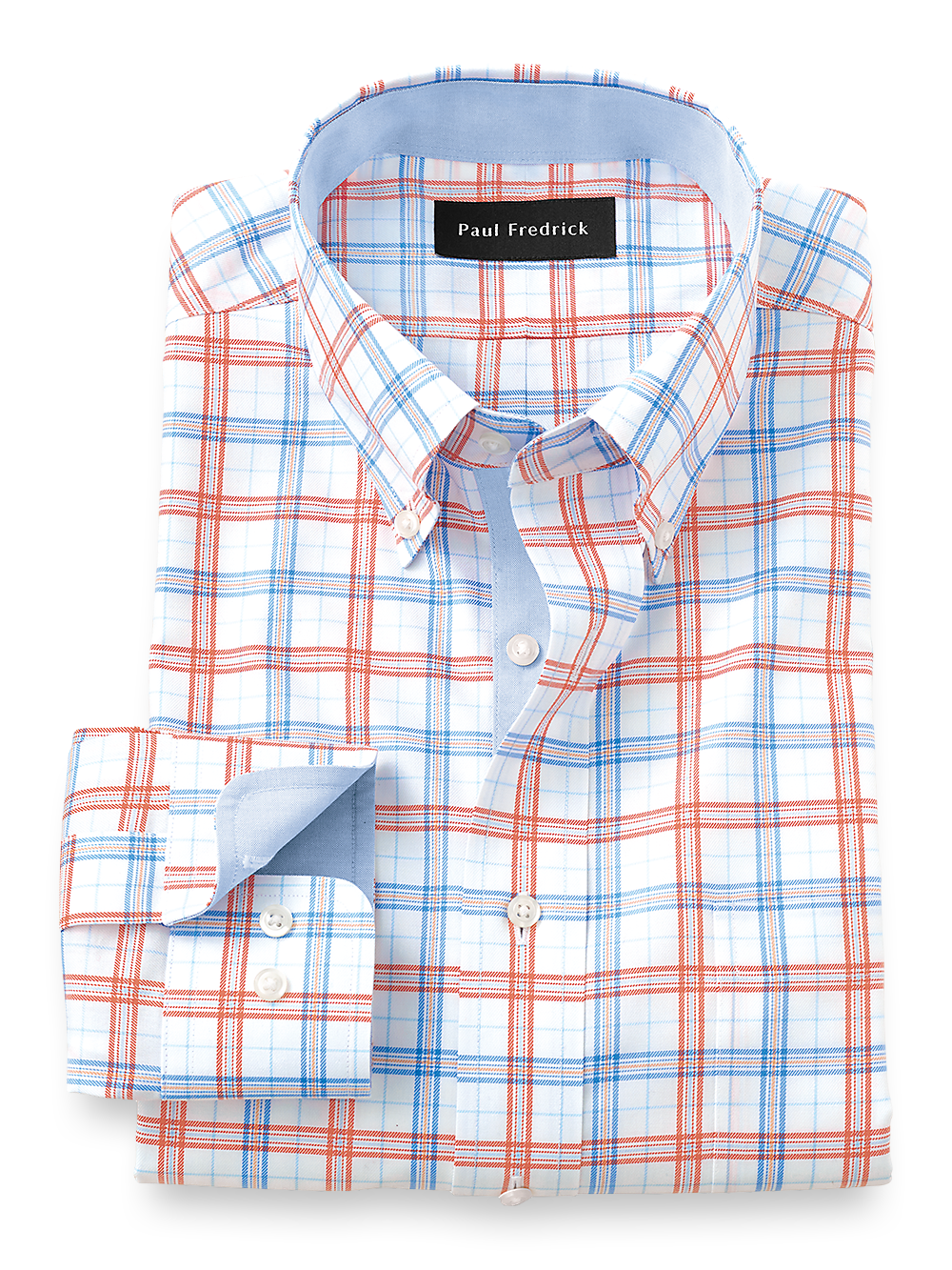 Product Image of Non-iron Cotton Windowpane Dress Shirt With Contrast Trim-Blue/Melon