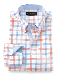 Non-Iron Cotton Windowpane Dress Shirt With Contrast Trim - Blue/melon