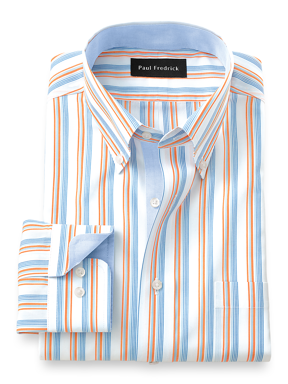 Product Image of Non-iron Cotton Stripe Dress Shirt With Contrast Trim-Blue/Melon