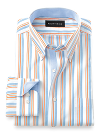 Non-Iron Cotton Stripe Dress Shirt With Contrast Trim - Blue/melon