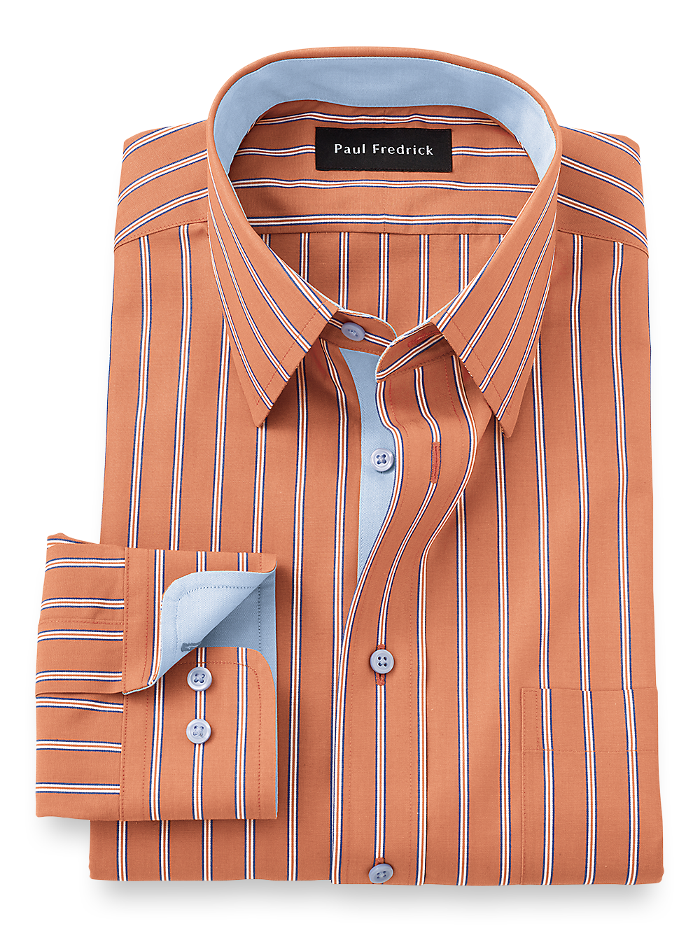 Product Image of Non-iron Cotton Stripe Dress Shirt With Contrast Trim-Orange/Blue
